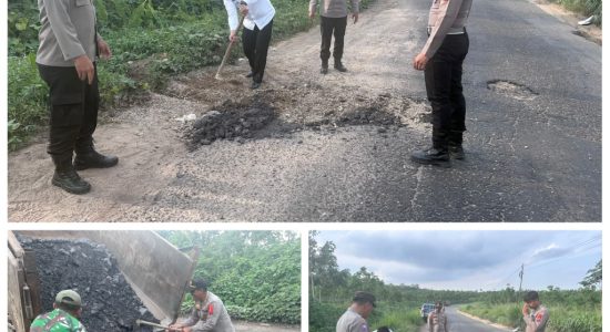 Hindari Kecelakaan Bagi Pengguna Jalan , Jelang Tahun Baru 2025/2026 Polsek Sungai Kanan Laksanakan Giat Rutin Menimbun Jalan